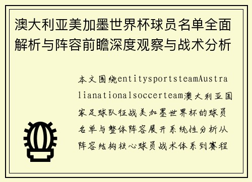 澳大利亚美加墨世界杯球员名单全面解析与阵容前瞻深度观察与战术分析报告